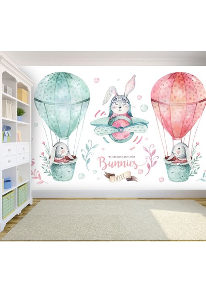 Tavşanları Taşıyan Uçan Balon Desenli 3D Duvar Kağıdı indirimleri