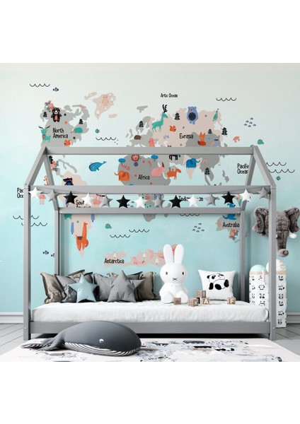 Değişik Motif ve Hayvan Desenli Çocuk Haritası 3D Duvar Kağıdı