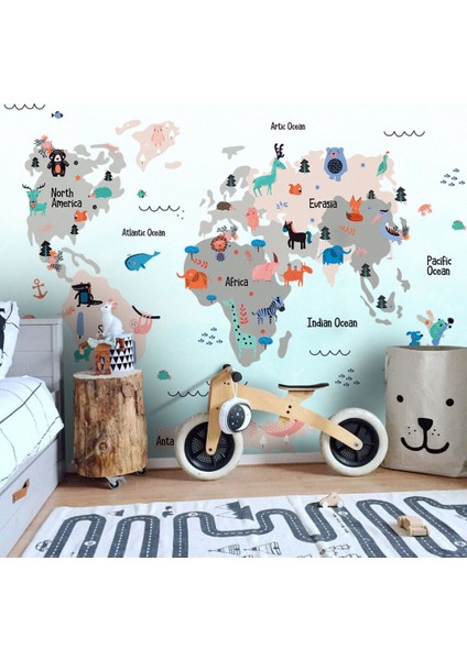 Değişik Motif ve Hayvan Desenli Çocuk Haritası 3D Duvar Kağıdı modelleri