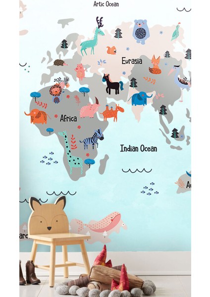 Değişik Motif ve Hayvan Desenli Çocuk Haritası 3D Duvar Kağıdı fırsatları