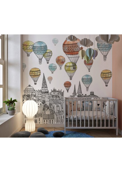 Uçan Balon ve Şehir Manzara Desenli 3D Duvar Kağıdı