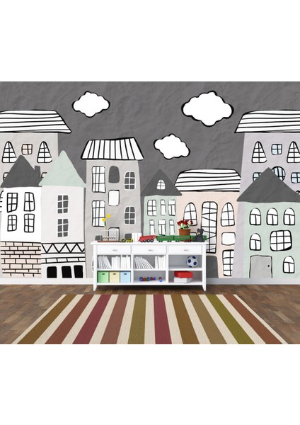 Çizim Halinde Ev Desenli 3D Duvar Kağıdı indirimleri