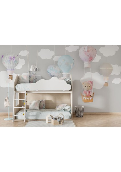 Bulutların Üstünde Uçan Ayıcık Desenli 3D Duvar Kağıdı
