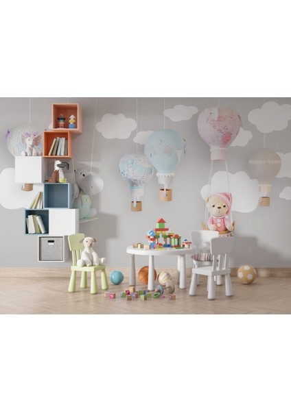 Bulutların Üstünde Uçan Ayıcık Desenli 3D Duvar Kağıdı modelleri