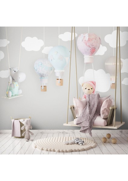 Bulutların Üstünde Uçan Ayıcık Desenli 3D Duvar Kağıdı indirimleri