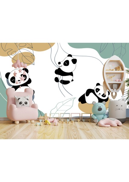 Sarmaşıklara Tutunan Panda Desenli 3D Duvar Kağıdı
