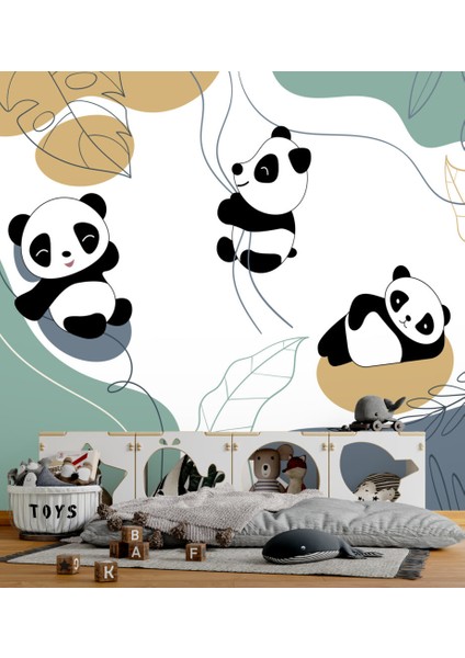 Sarmaşıklara Tutunan Panda Desenli 3D Duvar Kağıdı