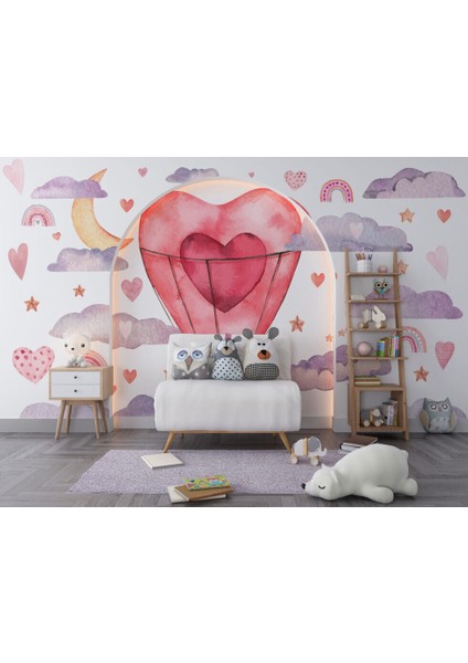 Kalpli Balon ve Bulut Desenli 3D Duvar Kağıdı