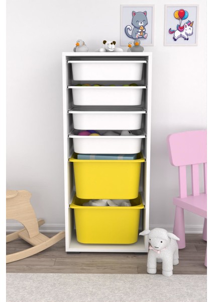 2 Büyük 4 Küçük Sarı Beyaz Sepetli Oyuncak Dolabı