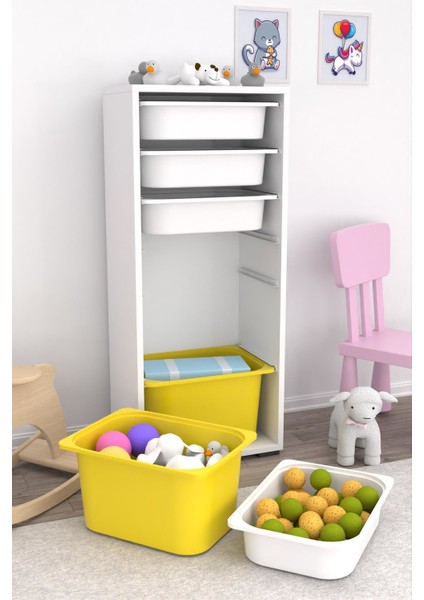 2 Büyük 4 Küçük Sarı Beyaz Sepetli Oyuncak Dolabı fiyatları