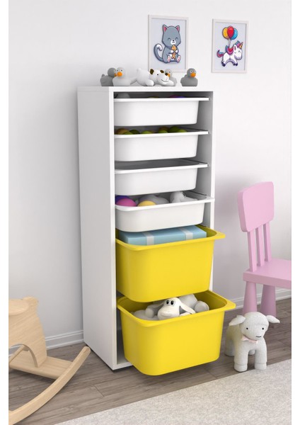 2 Büyük 4 Küçük Sarı Beyaz Sepetli Oyuncak Dolabı modelleri