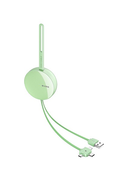 SL-C2020 2.1A Microusb+Lightning+Typec 3 In 1 Yeşil Aynalı Saklama Kablı Şarj Kablosu