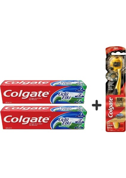 Üçlü Etki Diş Macunu 2'li Paket 100 ml + 1 Adet 360 Gold Siyah Diş Fırçası