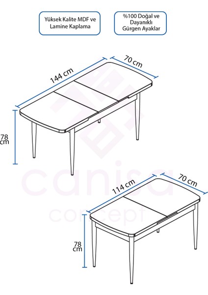 Concept Canisa  Eva Serisi 1.sınıf Mdf Açılabilir Mutfak Masası, Yemek Masası