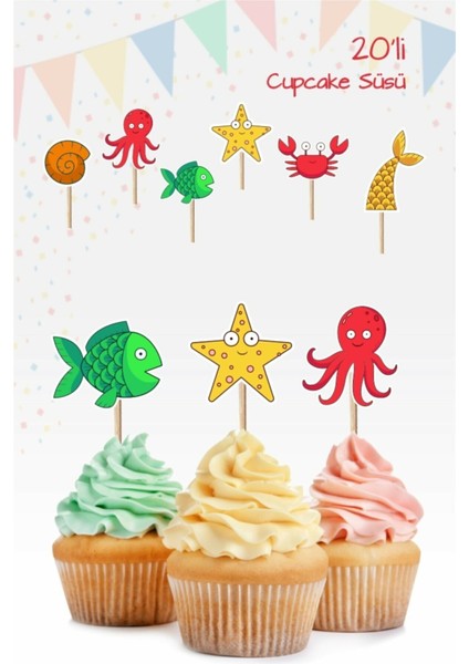 Deniz Canlıları Cupcake Süsü Kalın Kağıt