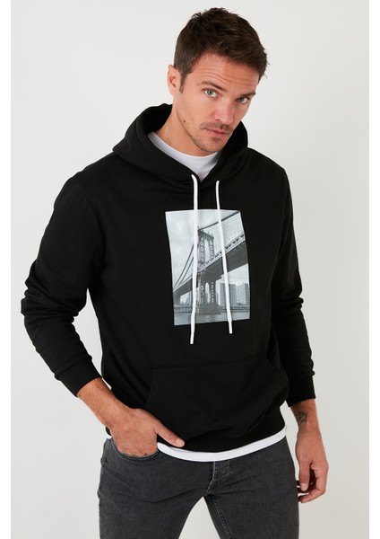 Slim Fit Baskılı Kapüşonlu Kanguru Cepli Sweat Erkek Sweat 568R702 modelleri