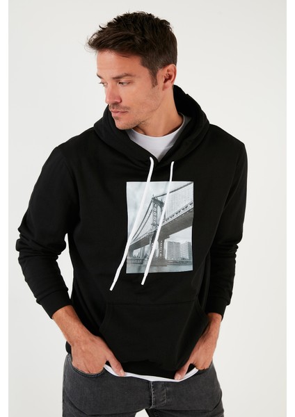 Slim Fit Baskılı Kapüşonlu Kanguru Cepli Sweat Erkek Sweat 568R702 fırsatları