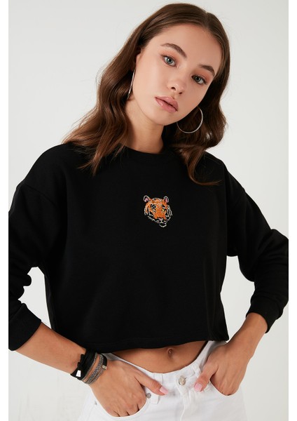 Baskılı Bisiklet Yaka Pamuklu Crop Sweat Kadın Sweat 601MS1342