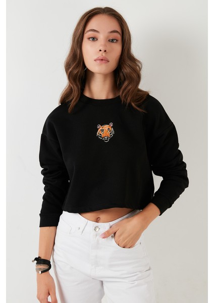 Baskılı Bisiklet Yaka Pamuklu Crop Sweat Kadın Sweat 601MS1342 fiyatları