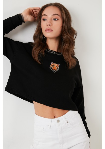 Baskılı Bisiklet Yaka Pamuklu Crop Sweat Kadın Sweat 601MS1342 modelleri
