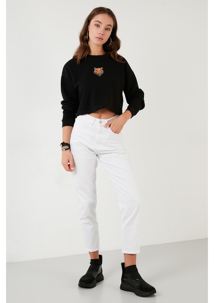 Baskılı Bisiklet Yaka Pamuklu Crop Sweat Kadın Sweat 601MS1342 fırsatları