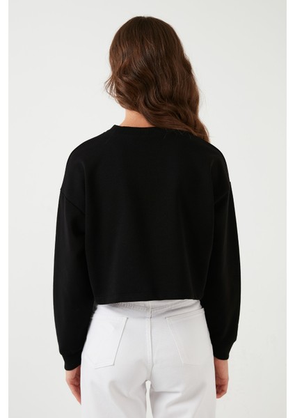 Baskılı Bisiklet Yaka Pamuklu Crop Sweat Kadın Sweat 601MS1342 indirimleri