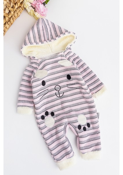 Tavşan Figürlü Kapüşonlu Içi Peluş Kız Bebek Tulum