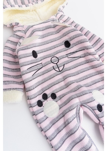Tavşan Figürlü Kapüşonlu Içi Peluş Kız Bebek Tulum
