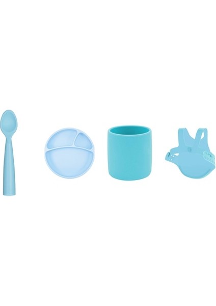 4'lü Set Porsiyon Tabak Mavi, Kaşık Mavi, Bardak Mavi, Önlük Mavi