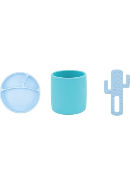 3'lü Set Pordiyon Tabak Mavi, Silikon Bardak Mavi, Diş Kaşıyıcı Kaktüs Mavi