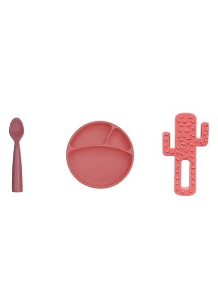 3'lü Set Porsiyon Tabak Bordo, Nam Nam Kaşık Bordo, Diş Kaşıyıcı Kaktüs Bordo