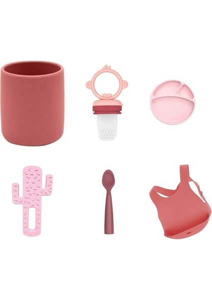 6'lı Set Bardak Bordo, Püre Pembe, Tabak Pembe, Kaktüs Pembe, Kaşık Bordo, Önlük Bordo