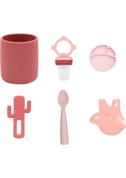 6'lı Set Bardak Bordo, Püre Pembe, Tabak Pembe, Kaktüs Bordo, Kaşık Pembe, Önlük Pembe