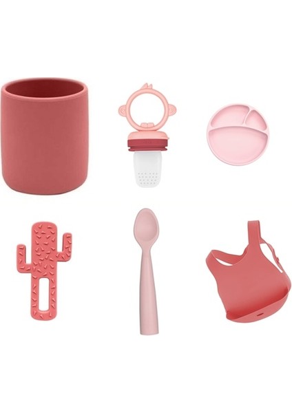 6'lı Set Bardak Bordo, Püre Pembe, Tabak Pembe, Kaktüs Bordo, Kaşık Pembe, Önlük Bordo