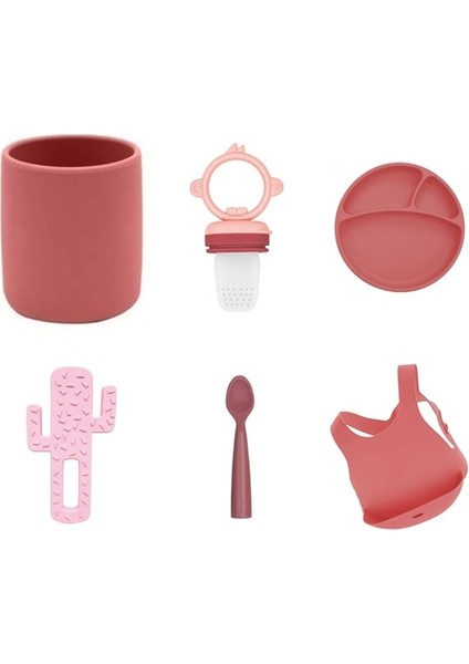 6'lı Set Bardak Bordo, Püre Pembe, Tabak Bordo, Kaktüs Pembe, Kaşık Bordo, Önlük Bordo