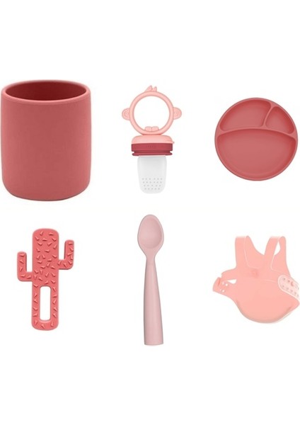 6'lı Set Bardak Bordo, Püre Pembe, Tabak Bordo, Kaktüs Bordo, Kaşık Pembe, Önlük Pembe