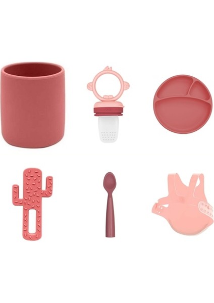 6'lı Set Bardak Bordo, Püre Pembe, Tabak Bordo, Kaktüs Bordo, Kaşık Bordo, Önlük Pembe