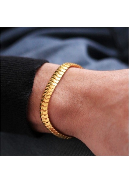 Erkek Gold Yassı Tırtıl Birbirine Geçmeli Model Künye Bileklik
