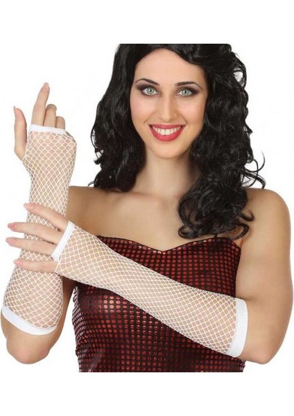 Her Şey Burada Parti Aksesuar Uzun File Örgü Eldiven Beyaz Renk