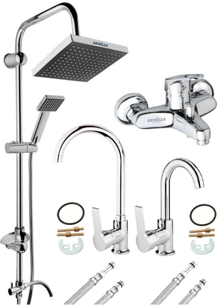 Lüx 4’lü Set Robot Yağmurlama Tepe Duş Seti - Banyo - Lavabo - Mutfak Eviye Musluğu Bataryası Çift Su Girişli