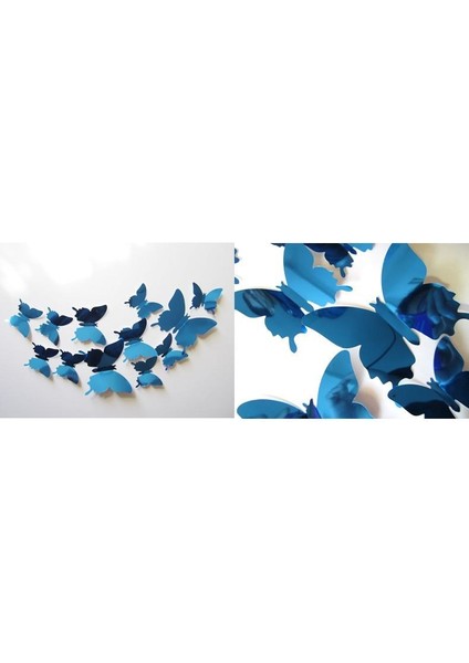 Ev Dekorasyon 3D Pvc Kelebek 12'li Duvar Süsleme Mavi Aynalı V1