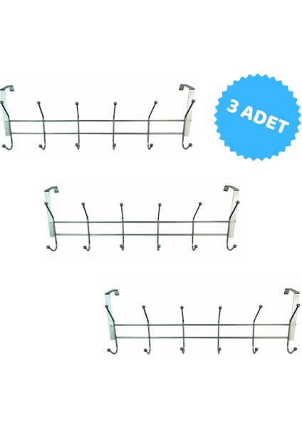 3 Adet, Uçar Metal, Amerikan Tip Kapı Arkası Askısı, Krom Askı, 12 Topçuklu
