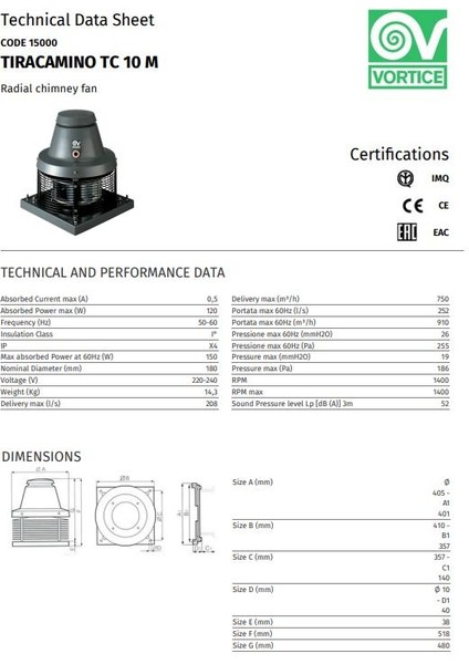 Şömine Barbekü Baca Fanı M³/h 750-910 Vortice Db 52 Sürekli Çalışma Havalandırma Fanı