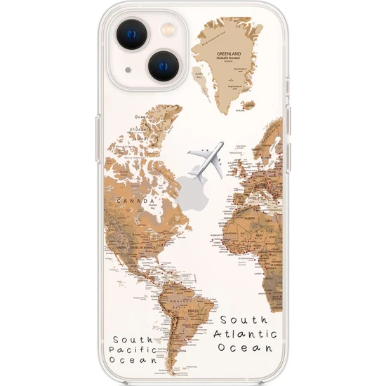 Moodcase Apple Apple iPhone  13 Dünya Harita Desenli Premium Silikonlu Şeffaf Telefon Kılıfı