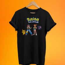 Remonz Pokemon Ash Misty Baskılı %100 Pamuk Oversize T-Shirt Büyük Beden Tişört