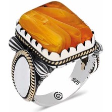 Gumush ​Gümüş Turuncu Kaplan Gözü Taşlı Köşeli Erkek Yüzük