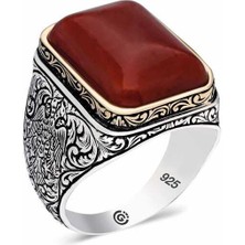 Gumush ​Gümüş Desenli Kırmızı Zirkon Taşlı Kare Erkek