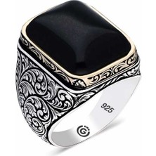 Gumush ​gümüş Desenli Siyah Zirkon Taşlı Kare Erkek Yüzük