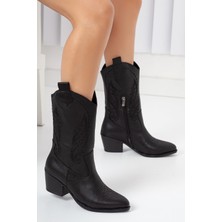 Bak Store Siyah Cilt Siyah Nakişli Fermuarli Western Kovboy Kadin Çizme