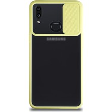 Kzy Samsung Galaxy A10S Kapak Lensi Açılır Kapanır Kamera Korumalı Silikon Kılıf Sarı
